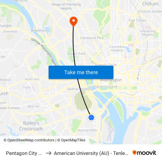 Pentagon City Metro to American University (AU) - Tenley Campus map