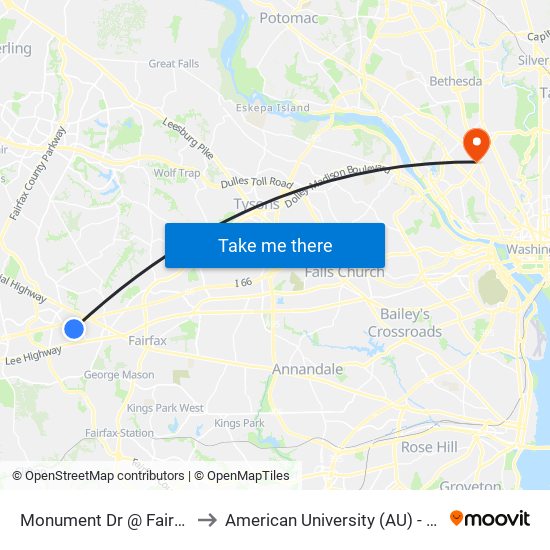 Monument Dr @ Fairfax Corner A to American University (AU) - Tenley Campus map