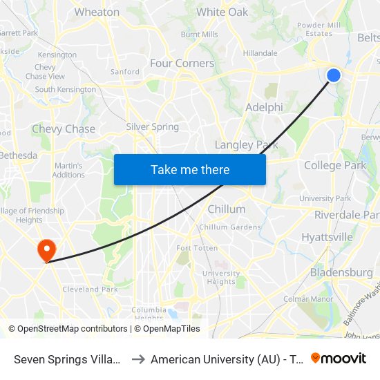 Seven Springs Village & #9308 to American University (AU) - Tenley Campus map