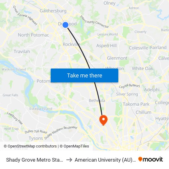 Shady Grove Metro Station & Bus Bay C to American University (AU) - Tenley Campus map