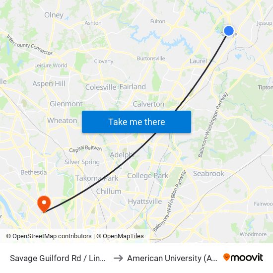 Savage Guilford Rd / Lincoln St (Southbound) to American University (AU) - Tenley Campus map