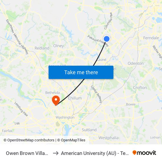 Owen Brown Village Center to American University (AU) - Tenley Campus map