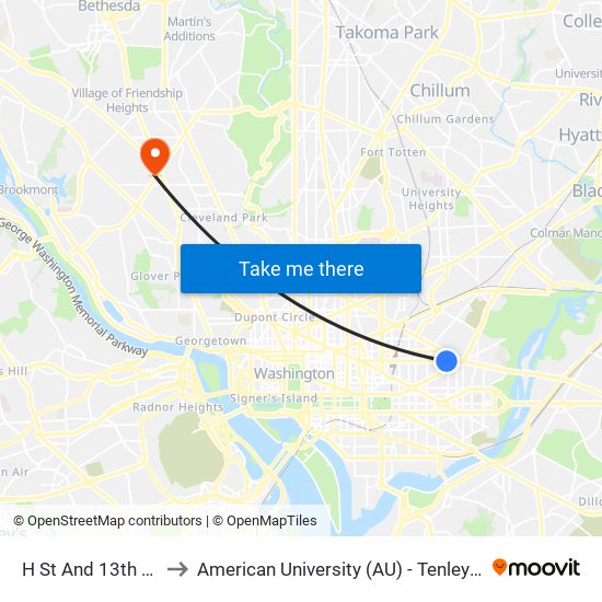 H St And 13th St NE to American University (AU) - Tenley Campus map