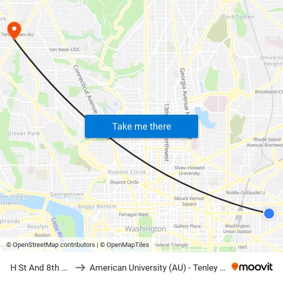 H St And 8th St NE to American University (AU) - Tenley Campus map