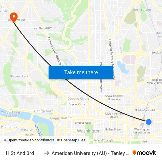 H St And 3rd St NE to American University (AU) - Tenley Campus map