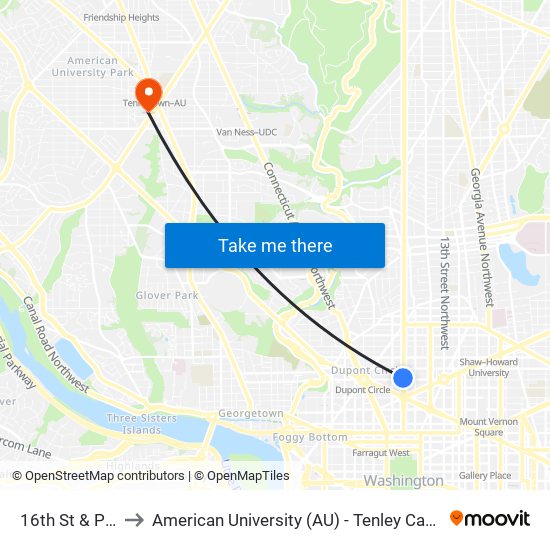 16th St & P St to American University (AU) - Tenley Campus map