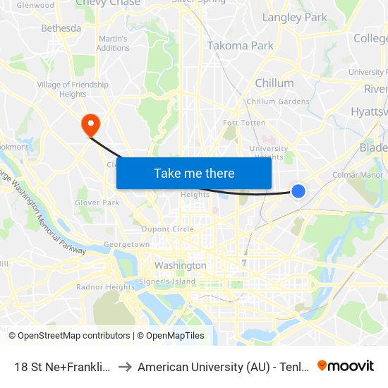 18 St Ne+Franklin St NE to American University (AU) - Tenley Campus map