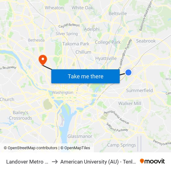 Landover Metro Station to American University (AU) - Tenley Campus map
