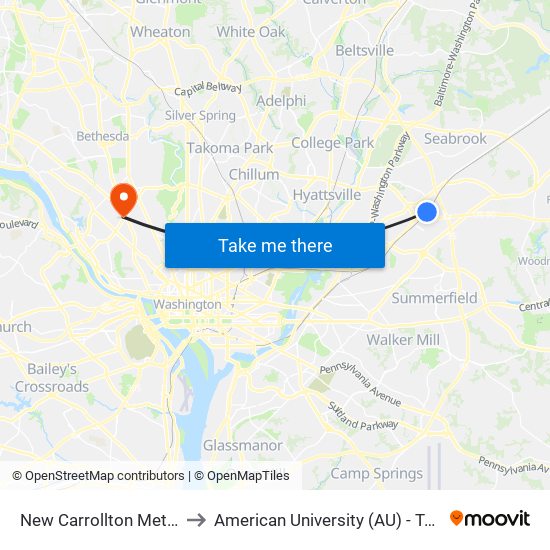 New Carrollton Metro Station to American University (AU) - Tenley Campus map