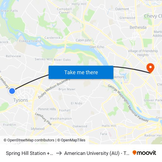 Spring Hill Station + Bus Bay B to American University (AU) - Tenley Campus map