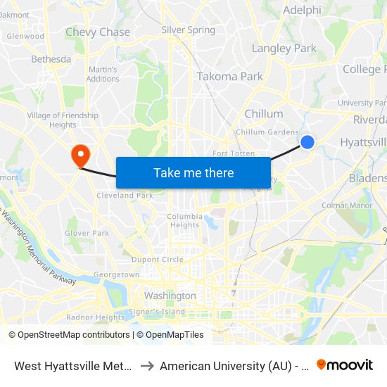 West Hyattsville Metrorail Station to American University (AU) - Tenley Campus map