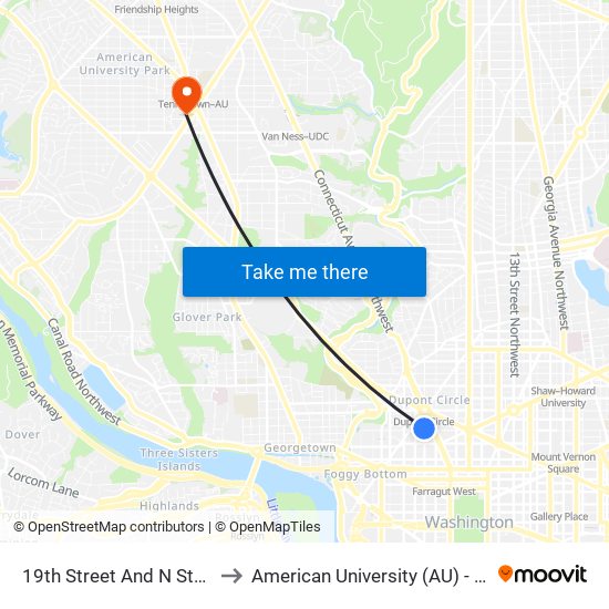 19th Street And N Street NW (Sb) to American University (AU) - Tenley Campus map