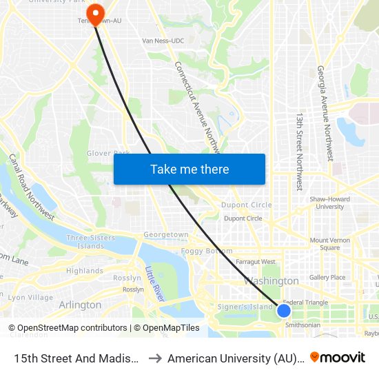 15th Street And Madison Drive NW (Sb) to American University (AU) - Tenley Campus map