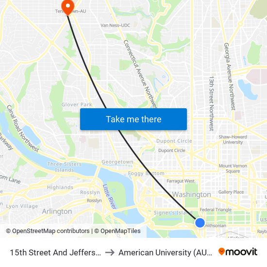 15th Street And Jefferson Drive SW (Sb) to American University (AU) - Tenley Campus map