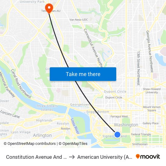 Constitution Avenue And 18th Street NW (Eb) to American University (AU) - Tenley Campus map