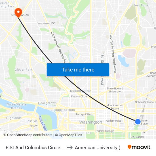 E St And Columbus Circle NE (Union Station) (Eb) to American University (AU) - Tenley Campus map