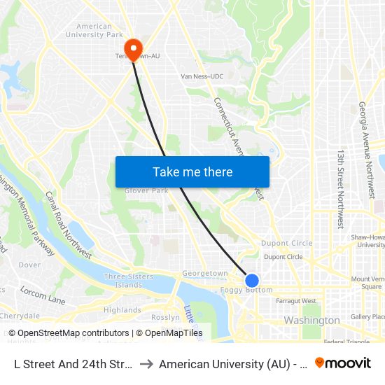 L Street And 24th Street NW (Wb) to American University (AU) - Tenley Campus map