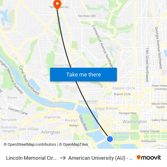 Lincoln Memorial Circle SW (Wb) to American University (AU) - Tenley Campus map