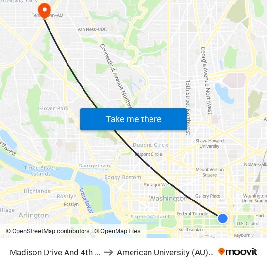 Madison Drive And 4th Street NW (Wb) to American University (AU) - Tenley Campus map