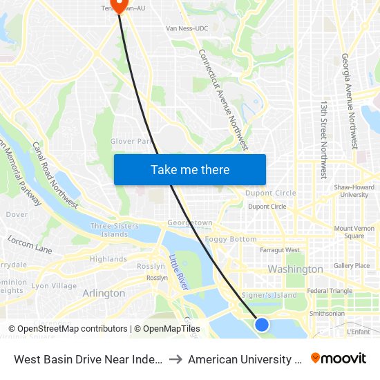 West Basin Drive Near Independence Avenue SW (Nb) to American University (AU) - Tenley Campus map