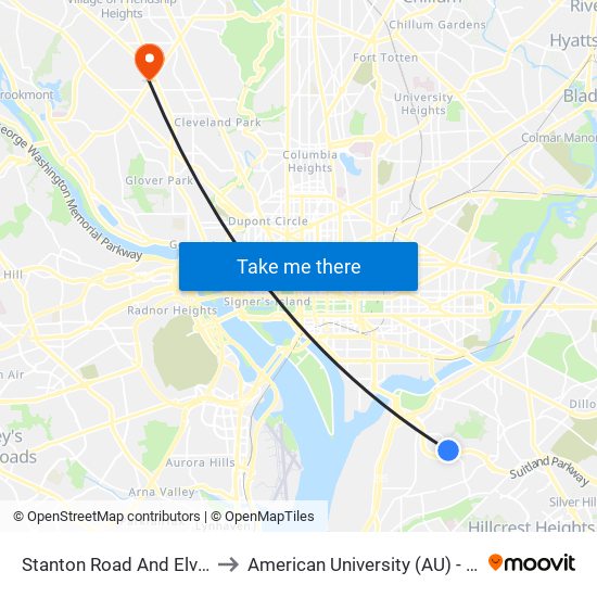 Stanton Road And Elvans Road SE to American University (AU) - Tenley Campus map