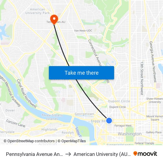 Pennsylvania Avenue And 22nd Street NW to American University (AU) - Tenley Campus map