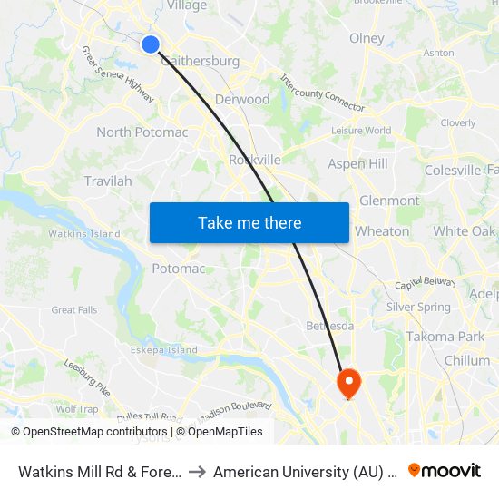 Watkins Mill Rd & Forest Preserve Dr to American University (AU) - Tenley Campus map