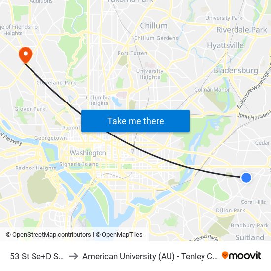 53 St Se+D St SE to American University (AU) - Tenley Campus map