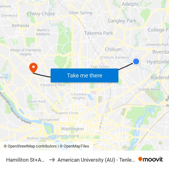 Hamiliton St+Ager Rd to American University (AU) - Tenley Campus map