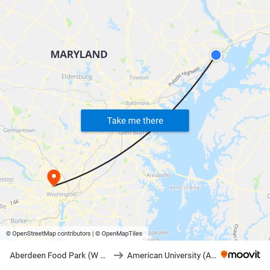 Aberdeen Food Park (W Bel Air Ave & Baker St) to American University (AU) - Tenley Campus map