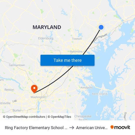 Ring Factory Elementary School (Opposite Emmorton Rd/Rt 924 & Lexington Rd) to American University (AU) - Tenley Campus map