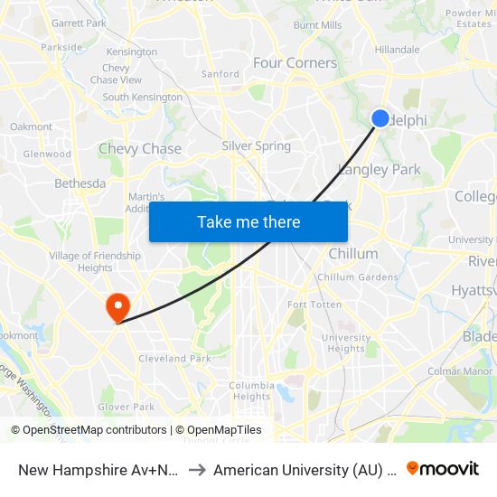 New Hampshire Av+Northampton Dr to American University (AU) - Tenley Campus map