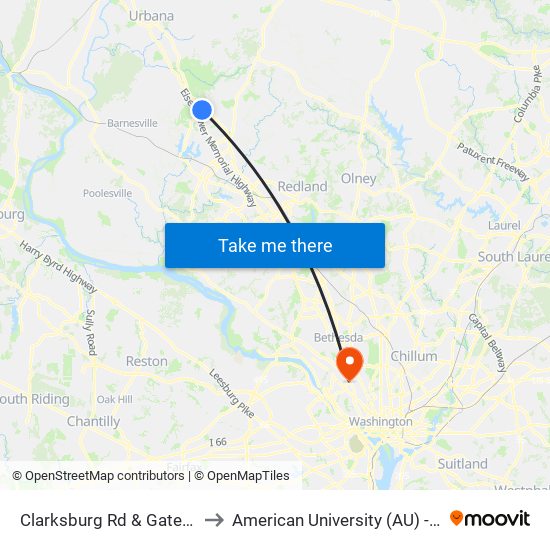 Clarksburg Rd & Gateway Center Dr to American University (AU) - Tenley Campus map