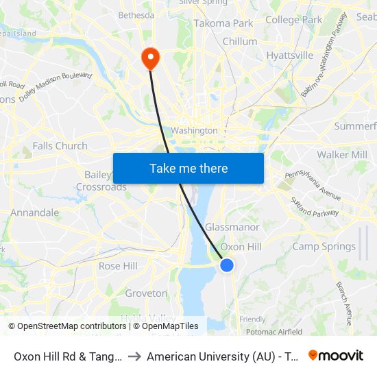 Oxon Hill Rd & Tanger Outlets to American University (AU) - Tenley Campus map
