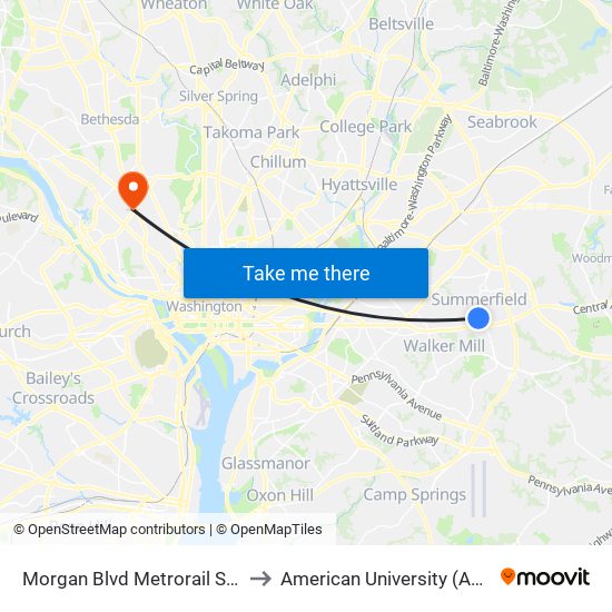 Morgan Blvd Metrorail Station at Bus Bay C to American University (AU) - Tenley Campus map