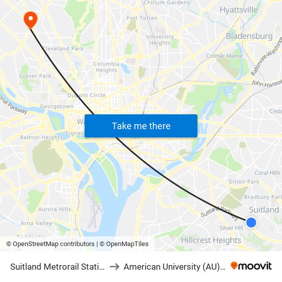 Suitland Metrorail Station at Bus Bay D to American University (AU) - Tenley Campus map