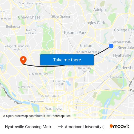 Hyattsville Crossing Metrorail Station at Bus Bay E to American University (AU) - Tenley Campus map