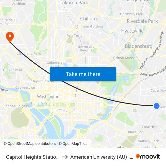 Capitol Heights Station + Bus Bay B to American University (AU) - Tenley Campus map