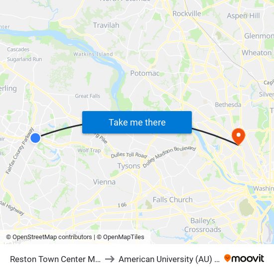Reston Town Center Metrorail Station to American University (AU) - Tenley Campus map