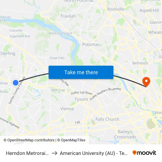 Herndon Metrorail Station to American University (AU) - Tenley Campus map