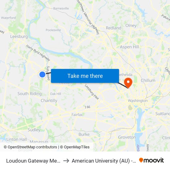 Loudoun Gateway Metrorail Station to American University (AU) - Tenley Campus map