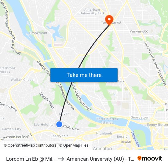 Lorcom Ln Eb @ Military Rd FS to American University (AU) - Tenley Campus map