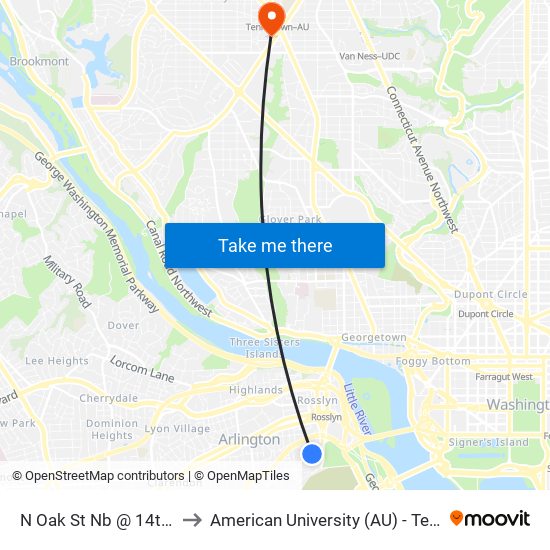 N Oak St Nb @ 14th St N Ns to American University (AU) - Tenley Campus map