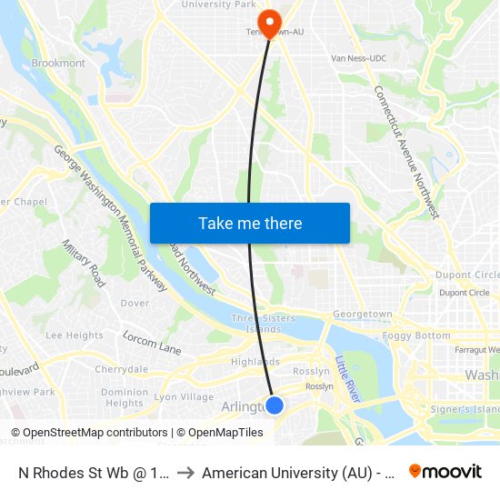 N Rhodes St Sb @ 16th St N FS to American University (AU) - Tenley Campus map