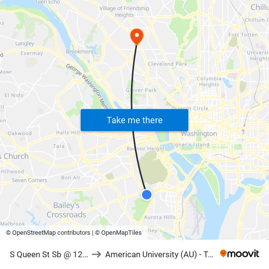 S Queen St Sb @ 12th St S Ns to American University (AU) - Tenley Campus map