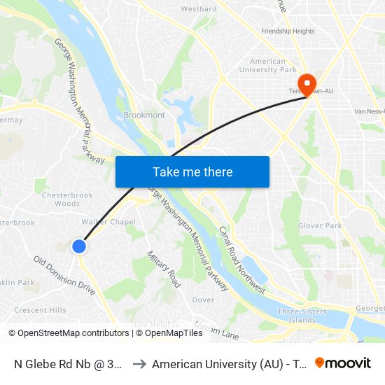 N Glebe Rd Nb @ 37th St N FS to American University (AU) - Tenley Campus map