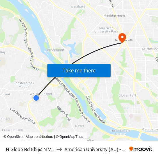 N Glebe Rd Eb @ N Vernon St Ns to American University (AU) - Tenley Campus map