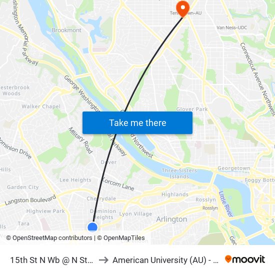 15th St N Wb @ N Stafford St Ns to American University (AU) - Tenley Campus map