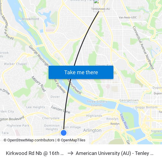 Kirkwood Rd Nb @ 16th St N FS to American University (AU) - Tenley Campus map