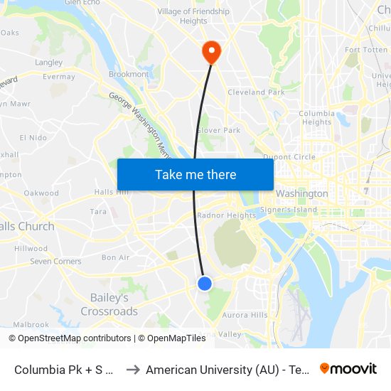 Columbia Pk + S Barton St to American University (AU) - Tenley Campus map